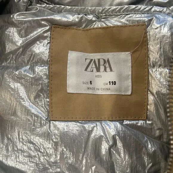 Zara Kids Collapsible Hooded Parka Coat Jacket Tan Silver Size 5 - Picture 4 of 6